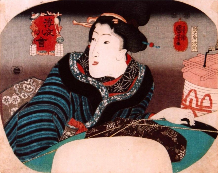 Kuniyoshi - Eight assemblies of the floating night (Ukiyo hakkwai) R50, Beauty in the snow , Pub Iba-ya Sensabur, c