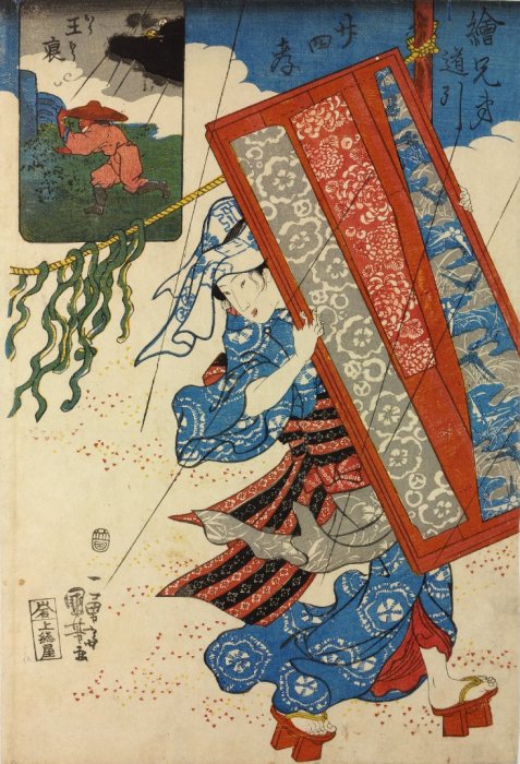 Kuniyoshi - 'Brother Pictures' for the 24 Paragons of Filial Pietiy (E-kydai uchibiki ni-j-shi k), h rushing to his mother's grave, because she feared lightning while alive