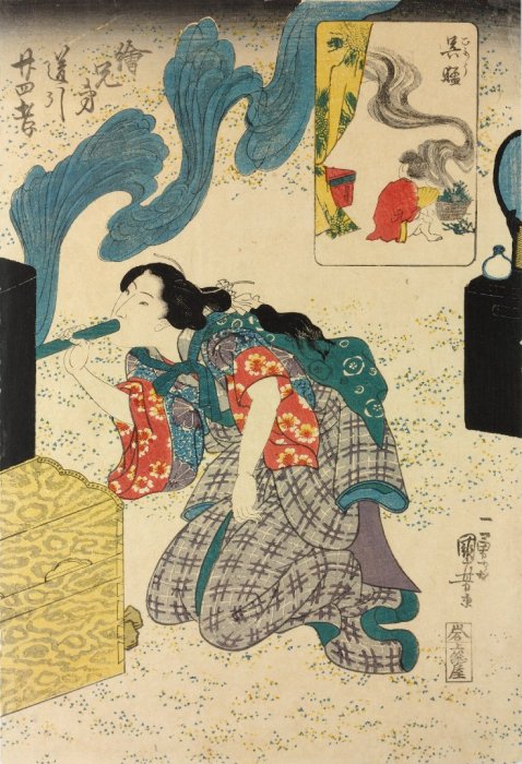 Kuniyoshi - 'Brother Pictures' for the 24 Paragons of Filial Pietiy (E-kydai uchibiki ni-j-shi k), Gom (Wu Mng in Chinese) is carrying a smoking pot to keep mosquitoes away from his sleeping father