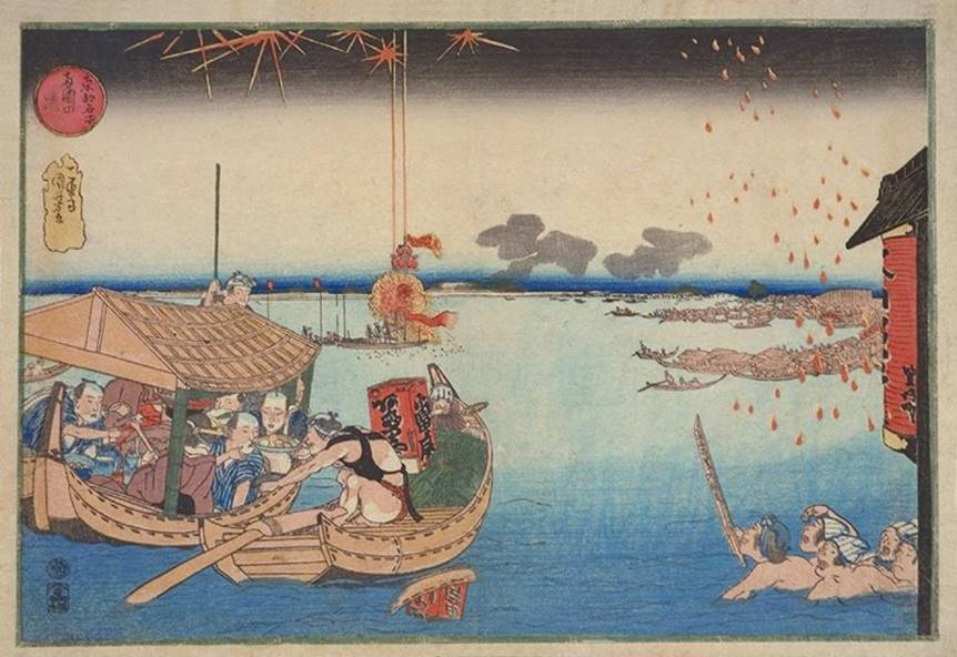 Kuniyoshi - Famous Views of the Eastern Capital (Tto meisho), Enjoying the Cool at Rygoku, 1833