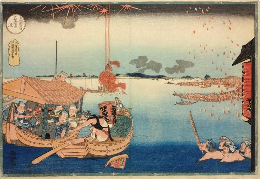 Kuniyoshi - Famous Views of the Eastern Capital (Tto meisho), Enjoying the Cool at Rygoku, ALT,1833