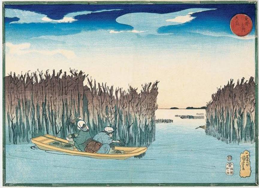 Kuniyoshi - Celebrated Views of the Eastern Capital (Tto meisho), mori, gathering nori (seaweed), c