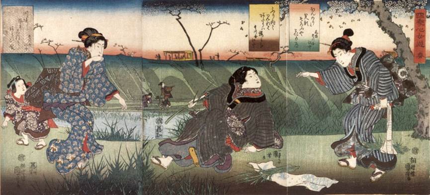Kuniyoshi - (chban) Feminine Pleasures of the Four Seasons (Shiki no kokoro onna asobi), Spring, picking bullrush