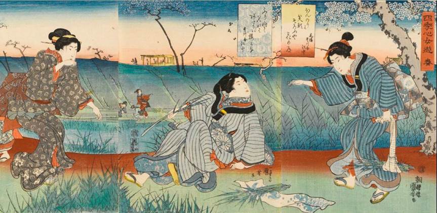 Kuniyoshi - (chban) Feminine Pleasures of the Four Seasons (Shiki no kokoro onna asobi), Spring, picking bullrush (Alt