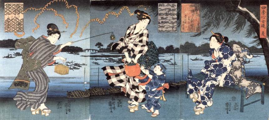 Kuniyoshi - (chban) Feminine Pleasures of the Four Seasons (Shiki no kokoro onna asobi), Summer (Natsu) at the Summida River, pub