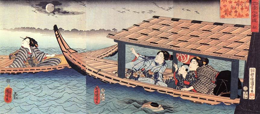 Kuniyoshi - (chban) Feminine Pleasures of the Four Seasons (Shiki no kokoro onna asobi), Autumn, beauties in boats
