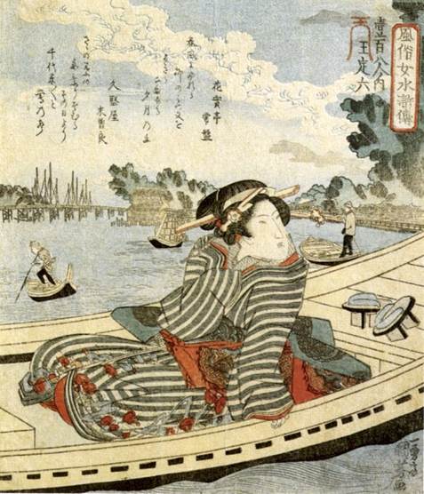 Kuniyoshi - (shikishiban) Modern Women as the 108 Heroes of the Suikoden (Fzoku onna Suikoden hyakuhachiban no uchi), Wang Dingliu ( Teiroku), Woman in a boat on the sumida river, c