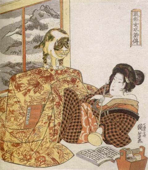 Kuniyoshi - (shikishiban) Modern Women as the 108 Heroes of the Suikoden (Fzoku onna Suikoden hyakuhachiban no uchi), Brazier (Kotatsu), [beauty with cat] later printing