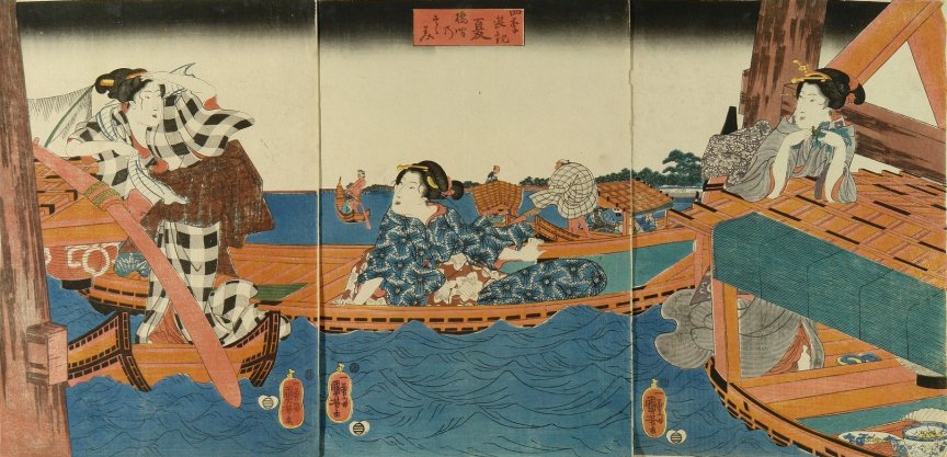Kuniyoshi - Pleasures of the Four Seasons (Shiki ykan), Summer, Three bijin in boat under Ryogoku Bridge on the Sumida River, 1843-7