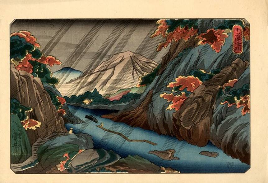 Kuniyoshi - untitled set of posthumously published landscapes, Rain over a river at Seba on the Kisokaido
