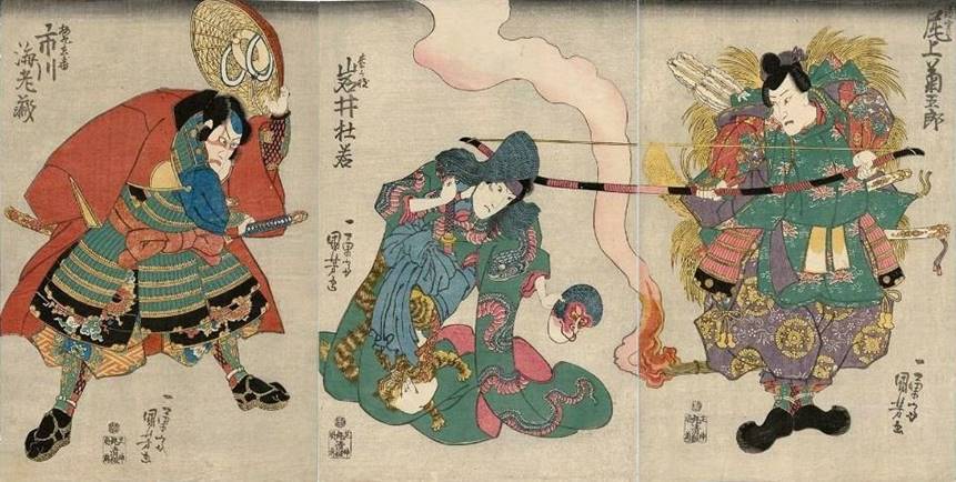 Kuniyoshi - (straw hat, bow, monkey mask) Ichikawa Ebiz V (L), Iwai Tojaku I as Matsugae (C) & Onoe Kikugor III (R), 1832-46