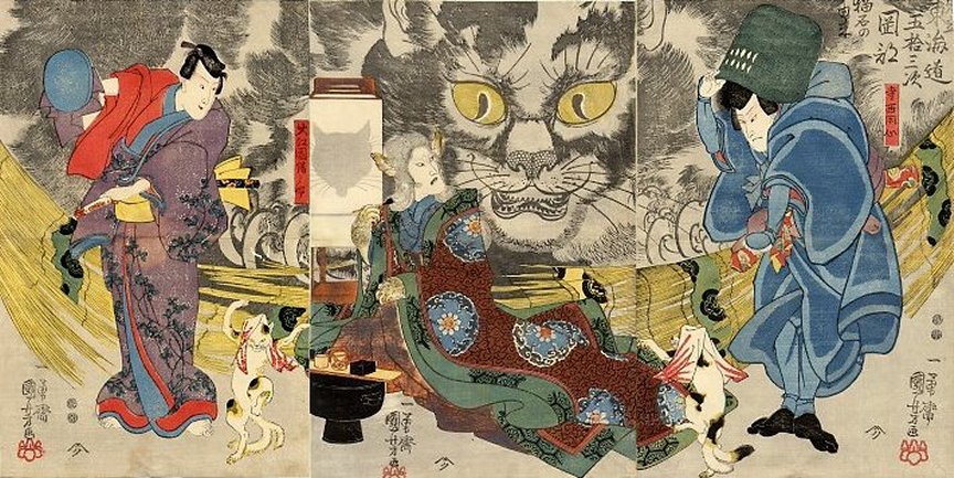 Kuniyoshi - Ichimura Uzaemon XII as Inaba no suke (L), Onoe Kikugor III as the cat-witch (C) & Mimasu Gennosuke as Shirasuka Juemon (R) in 'Onoe Kikugoro uichidai banashi', (7)1847