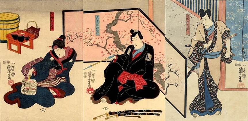 Kuniyoshi - (diptych, screen) Ichikawa Danjuro VIII as artist Kano Shirojiro Motonobu Bando, Shuka I as Shogen's daughter Omitsu  performed at the Ichimura-za in (3)1848