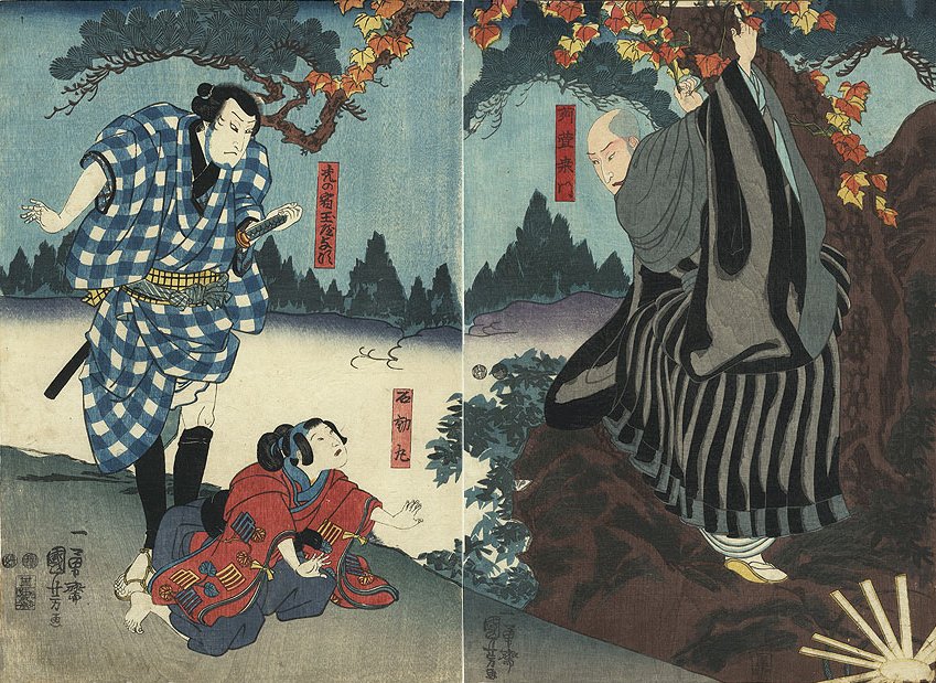 Kato Ishidomaru meeting his father, who has become the priest Karukaya Doshin, Zha Tsukushi no iezuto) performed in 1848-07 in the Karawasaki-za
