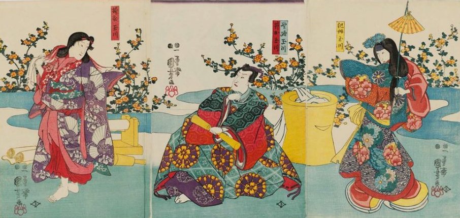 Kuniyoshi - Onoe Baik IV as Kii Tamagawa (R), Sawamura Chjr V as Noji Tamagawa & as Ide Tamagawa (C), Kumesabur III as Ti Tamagawa (L) in 'Date zensei sakura no iromaku', (4)1849