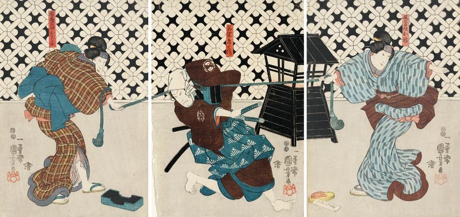 Kuniyoshi - Bando Shuka as Ochiyo; Nakamura Utaemon as Wakato Kihei and Onoe Kikugoro as Ohatsu in 'Kagamiyama', 1849(4), pub