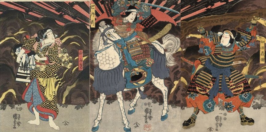 Kuniyoshi - (rising sun) Confronting Ichikawa Ebijur IV as Yoshimori, in 'Arigataya O-Edo no Kagekiyo', (3)1850