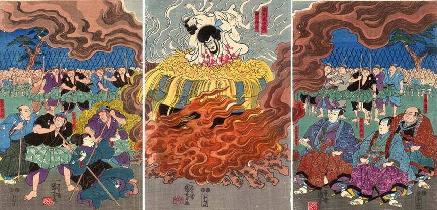 xKuniyoshi - (triptych, caldron, smoke) Ichikawa Kodanji IV as Ishikawa Goemon and Onoe Kikunojo as O-Ritsu in a Kabuki scene from the play Kinoshita Soga megumi no masagoji, performed at the Nakamura theatre in (1)1851