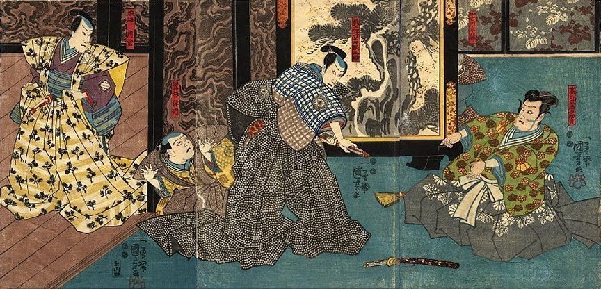 Kuniyoshi - (screen) Momonoi Wakasano Suke (C), Morita Kanya XI as Ko no Morono (R)  & Band Takesabur I as Enya Hangan Takasada (L) in 'Yayoi no hana iroha no honsetsu', (3)1852