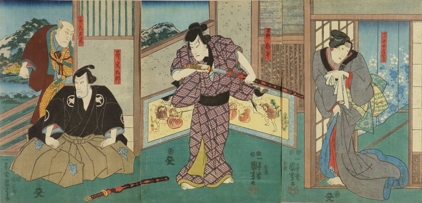 Kuniyoshi - (screen) L- Band Hikosabur IV as Ono Sadakur, Morita Kanya XI as Ono Kuday; C- Band Takesabur I as Hayano Kanpei; R- Onoe Baiko IV as Kanpei nyobo Okaru in 'Yayoi no hana iroha no honsetsu', (3)1852