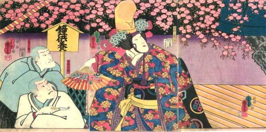 Kuniyoshi - Seki Sanjr III and Arashi Kichisabur as the monks in the Dj temple  (L) &Band Shuka I as shirabyshi Hanako in 'Kyoganoko musume Djji', 1852