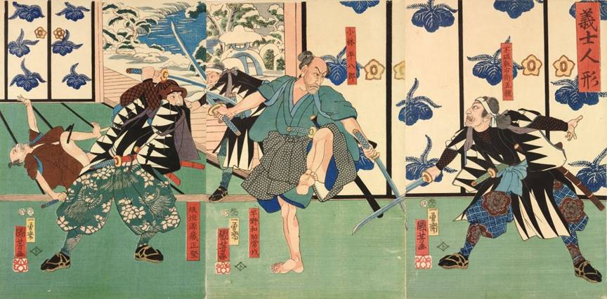 Kuniyoshi - Figures of the loyal retainers (Gishi ningyo), Ronin attacking Kobayashi Heihachiro in Morono's palace