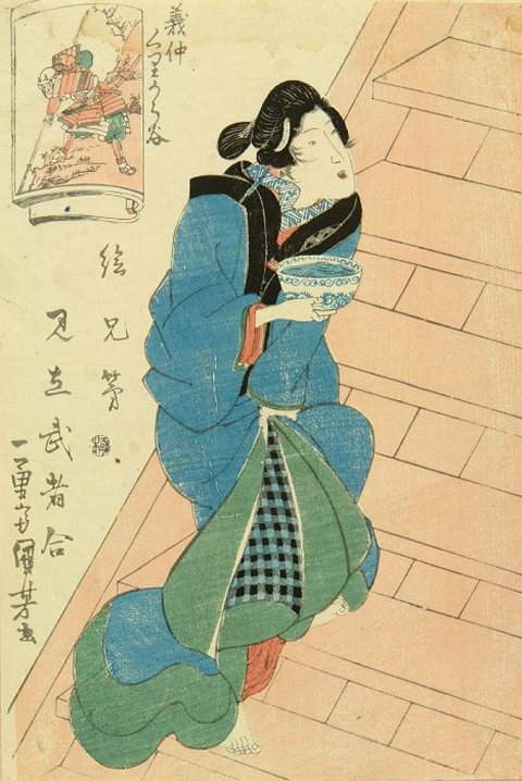 Kuniyoshi - Brother Pictures- A Select Comparison of Warriors (Ekyodai mitate musha awase), A beauty on a staircase, c