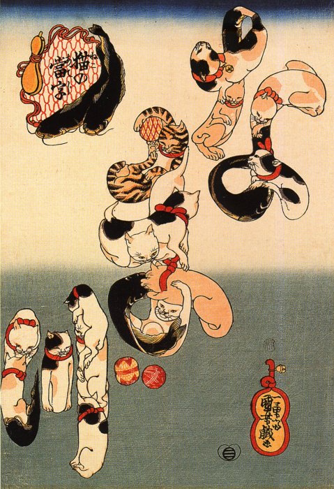 Kuniyoshi - Cat homophones [for names of fish] (R196), Cats forming the caracters for catfish