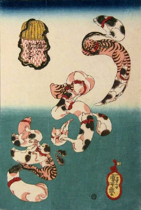 Kuniyoshi - Cat homophones [for names of fish] (R196), Cats forming characters for 'fu gu' (Alt