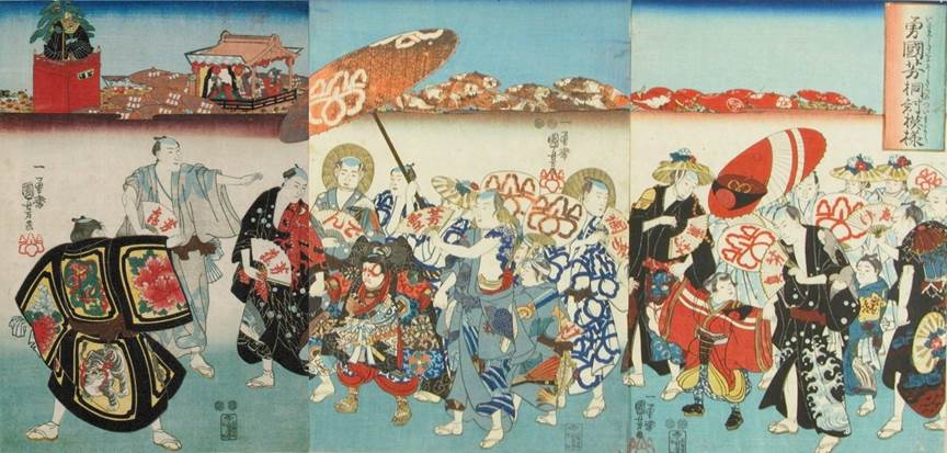 Kuniyoshi - (triptych) Procession of Kuniyoshi & his students in the Sanno Festival (Isamashiki Kuniyoshi Kiri no tsuimoyo), Paulownia crest of gallant Kuniyoshi, c