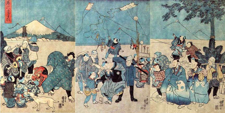 Kuniyoshi - ParodyComical panoramic under Mount Fuji