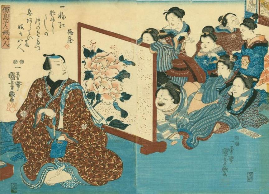 Kuniyoshi - (diptych) Eight Brides for the Only Son (Hitori musuko ni yome hachinin), Ichikawa Danjr VIII and his fans, 1847-52, get text