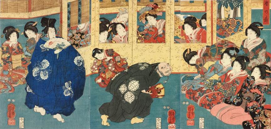 Kuniyoshi - (triptych) New Year Felicitations (Haru no kotobuki), bijin watching New Year's dancers, 1847-52, pub