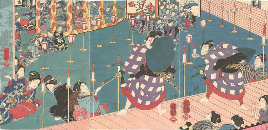 Kuniyoshi - (triptych) Kabuki performance for women