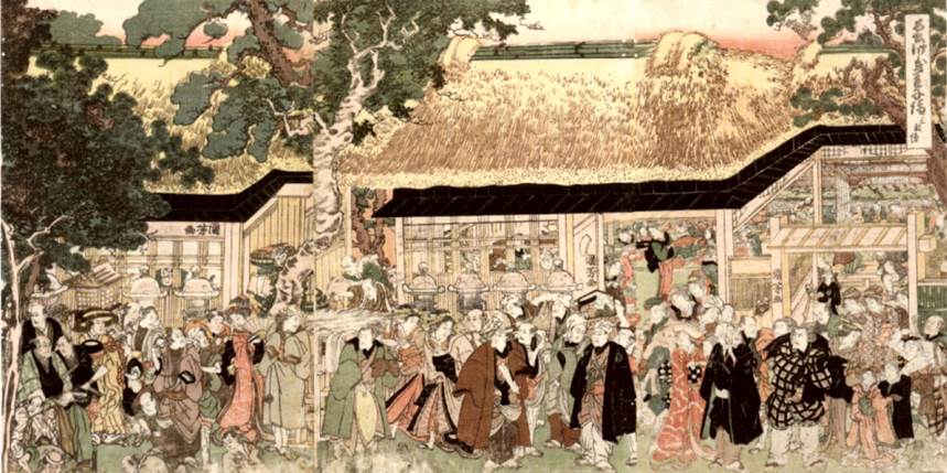 Kuniyoshi - (triptych) A group of actors on their way to Oji Shrine (Inari jinja) on New Year's day, signed