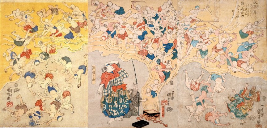 Kuniyoshi - (triptych) Suikoden, Urashima Tar, Good spirits (zendama) and evil spirits (akudama) are emerging from Urashima's treasure box (tamatebako), 1843-1847, Image1
