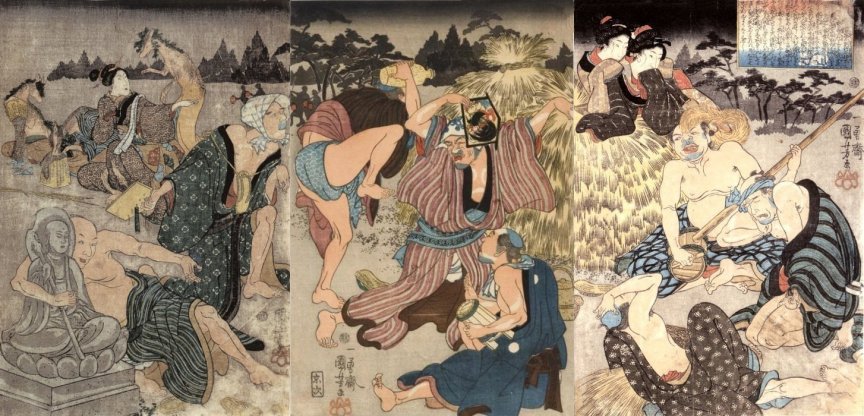 Kuniyoshi%20-%20(triptych)%20%201843-47%20%20Hyakush%20kitsune%20ni%20bakasareru%20zu