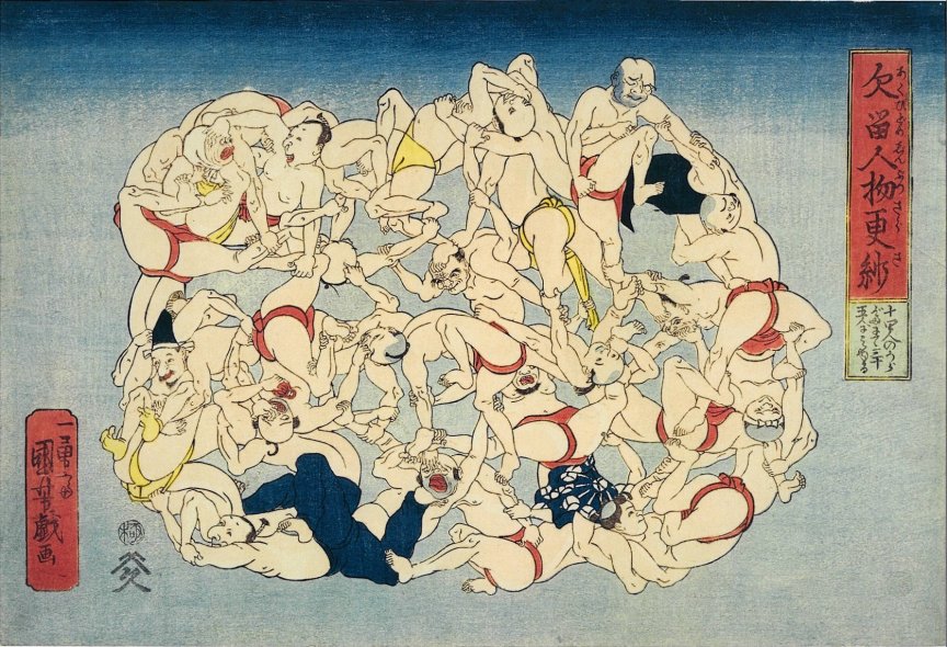 Kuniyoshi - Men get together to make a Textile for Fun (blue), 1840-42