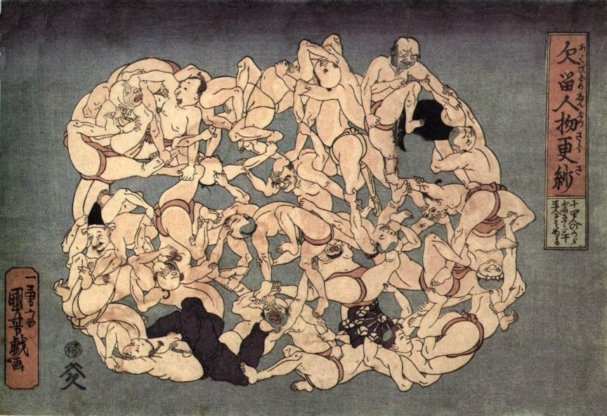 Kuniyoshi - Men get together to make a Textile for Fun (grey)