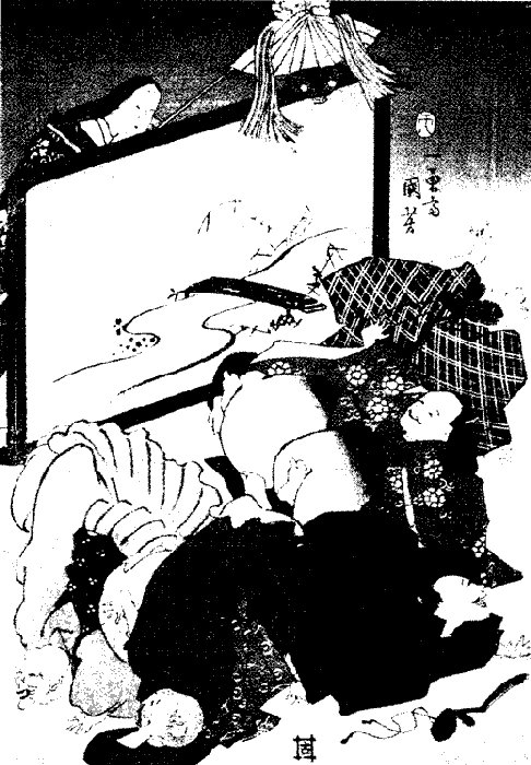Kuniyoshi - Humorous Portrayal of 6 Immortal Poets (Giga rokkasen], 1858(8), pub Koga-ya Katsugor, get description