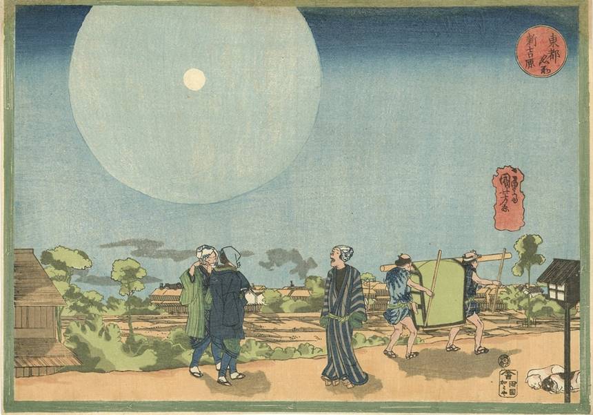 Kuniyoshi - Celebrated Views of the Eastern Capital (Tôto meisho), The Yoshiwara Embarkment by Moonlight