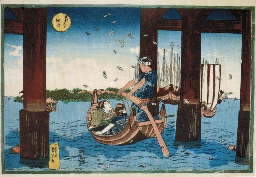 Kuniyoshi - Famous Views of the Eastern Capital (Tto meisho), Ferry under Etai Bridge with Island of Tsukuda in background, subtitle-Tsukudajima