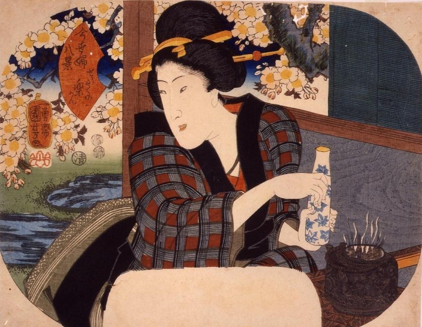 Kuniyoshi - (fan) Eight Views of Women of the Modern World (Imay hakkei), a woman with a sake bottle