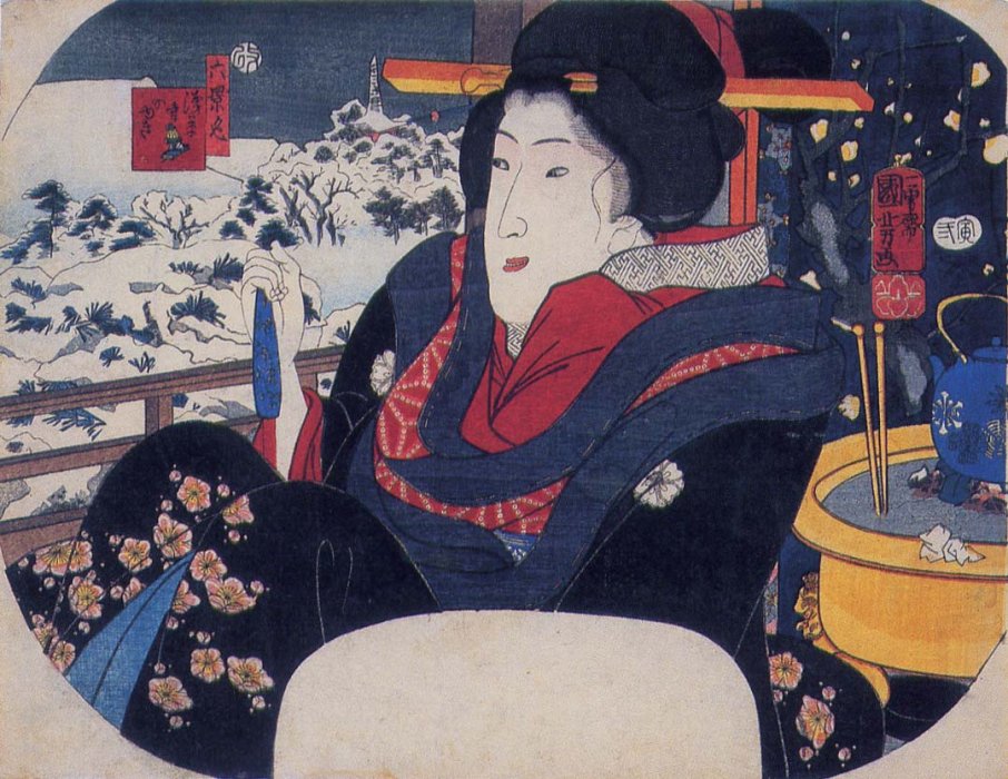 Kuniyoshi - (fan) Six Views (Mutsu geshiki), Snow at Sensoji Temple (Sensoji no yuki), 1854, Pub