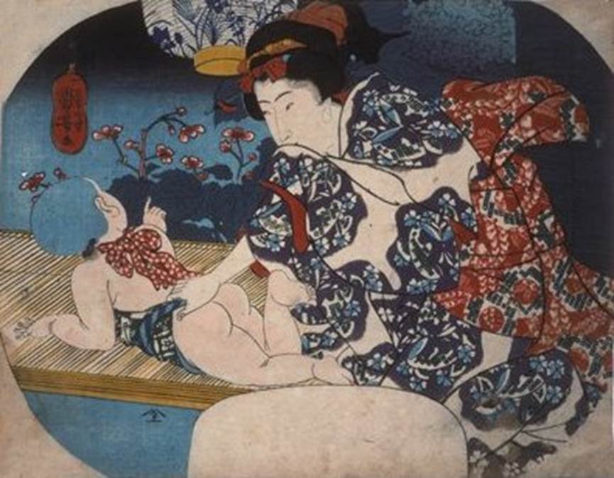 Kuniyoshi - (fan) Beauties, Moon, Flower and Snow (Bijin gekkasetsu), Snow, 2-1853