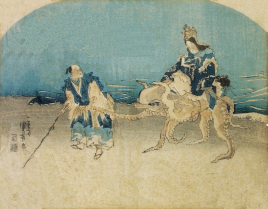 Kuniyoshi - (fan) Urashima & Otohime on an Octopus