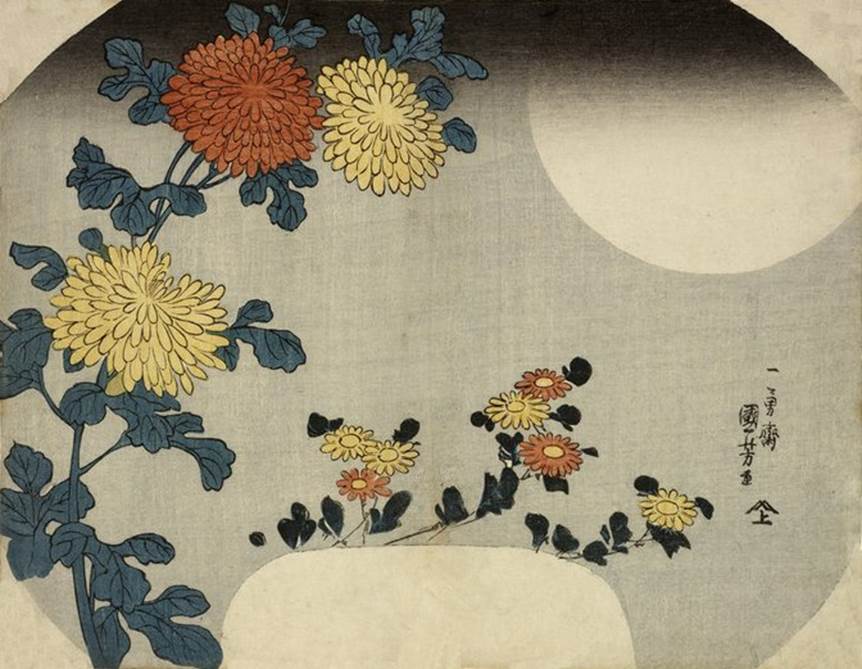 Kuniyoshi - (fan) Sparrow people, 1843-6 