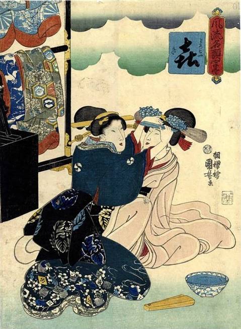Kuniyoshi - Fashionable Series of Important Characters (Furyû nagashira jizukushi) R127, A lady with razor trimming eyebrows of a lady in white 