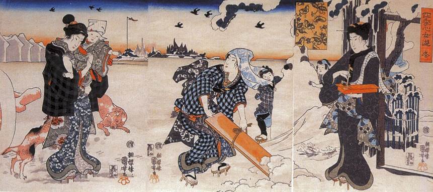 Kuniyoshi - (chûban) Feminine Pleasures of the Four Seasons (Shiki no kokoro onna asobi), Fuyu (Winter), 1844-47