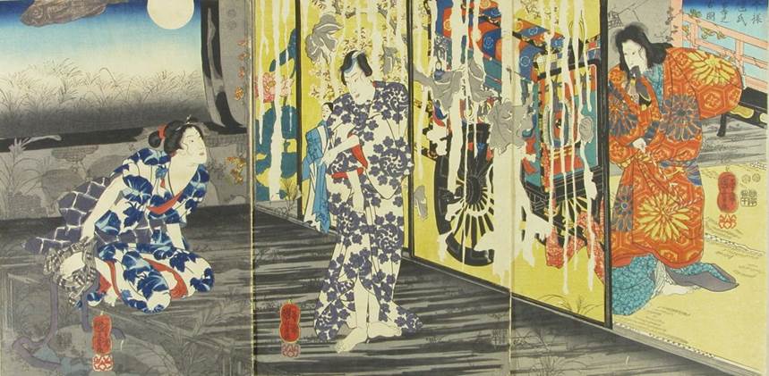 Kuniyoshi - (triptych) Genji in an old temple (Nisemurasaki Inaka Genji), triptych, c